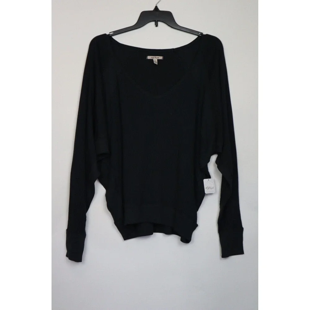 Free People Woman's Black‎ Thermal Santa Clara Blouse Relaxed Dolman Size L